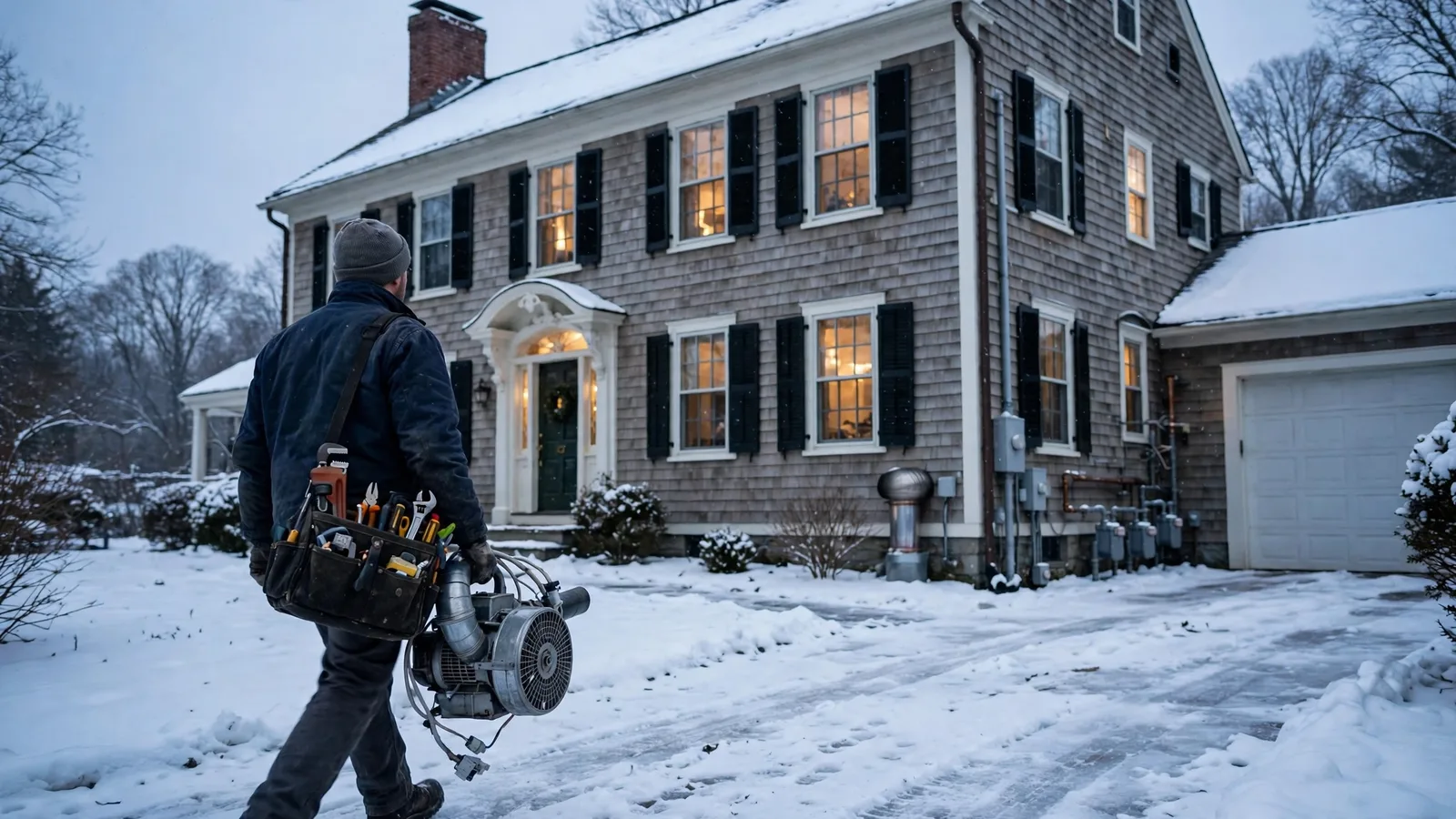 Technician walking up a snowy driveway to a colonial house at dusk with a tool bag