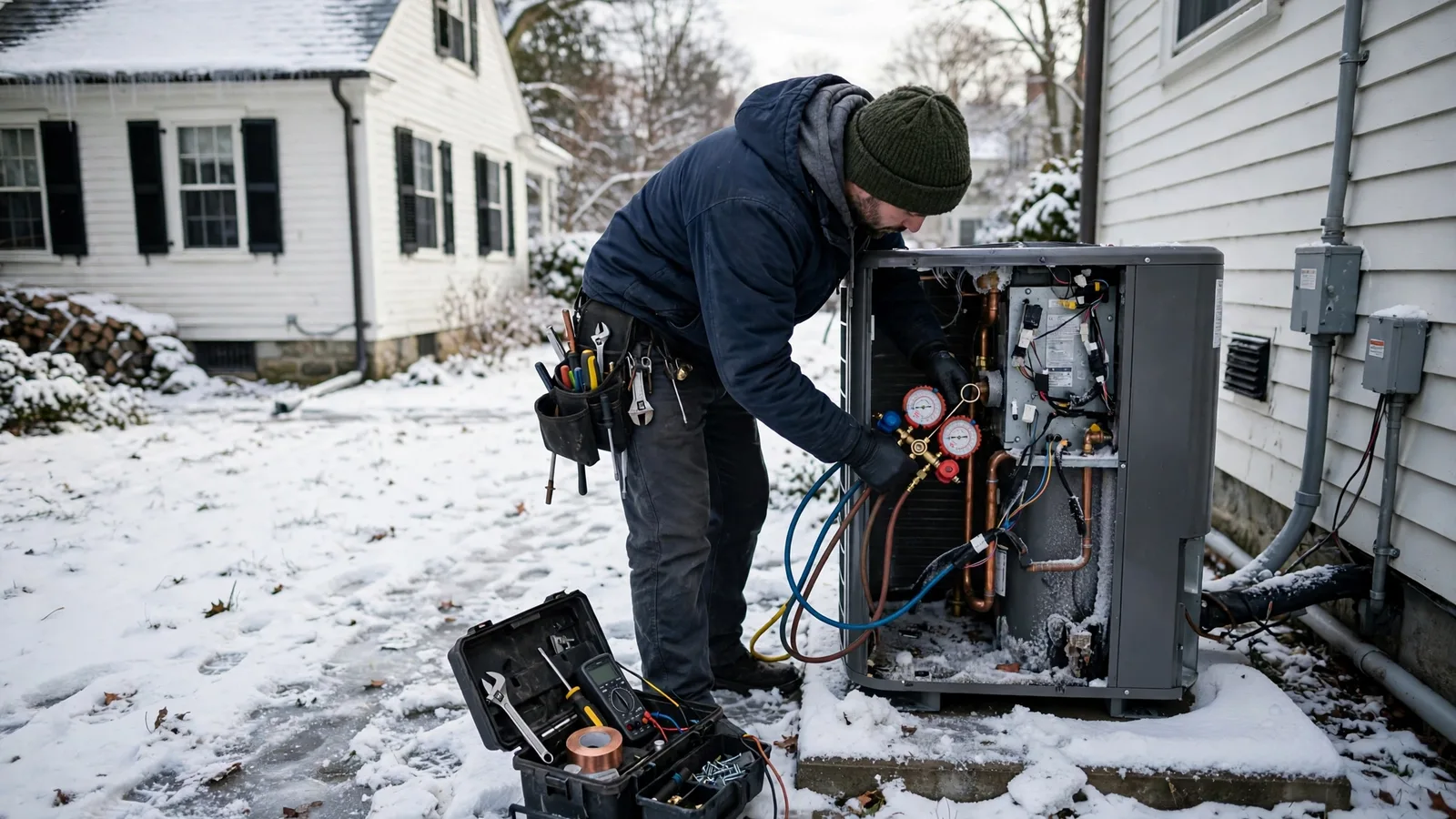 Technician servicing a heat pump outdoor unit on a snowy pad beside a colonial home