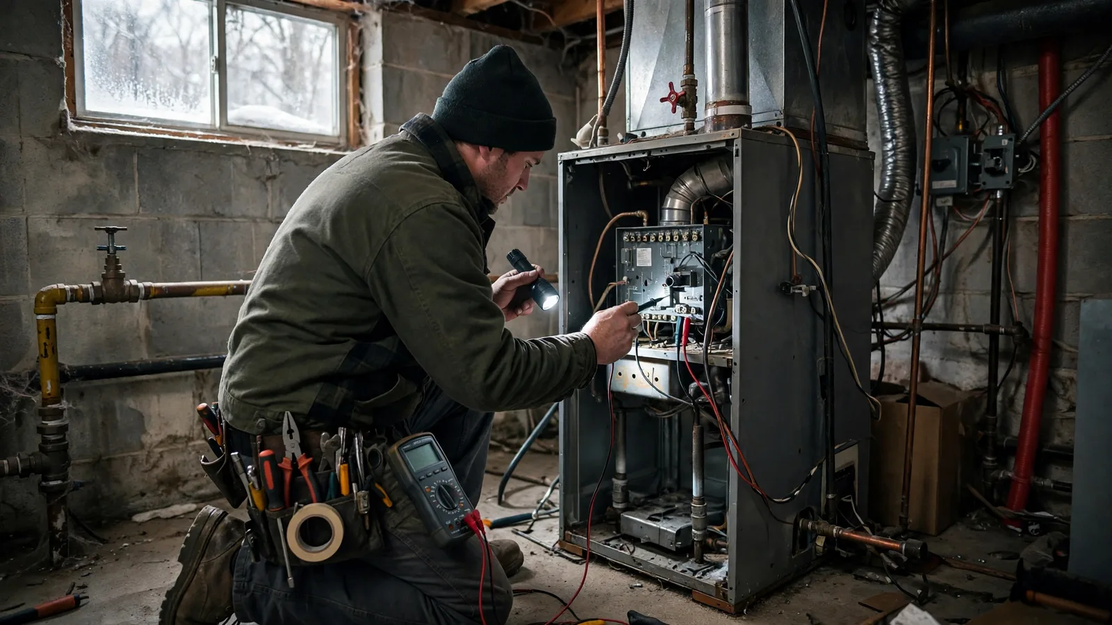 HVAC technician testing an open gas furnace in a basement with a multimeter