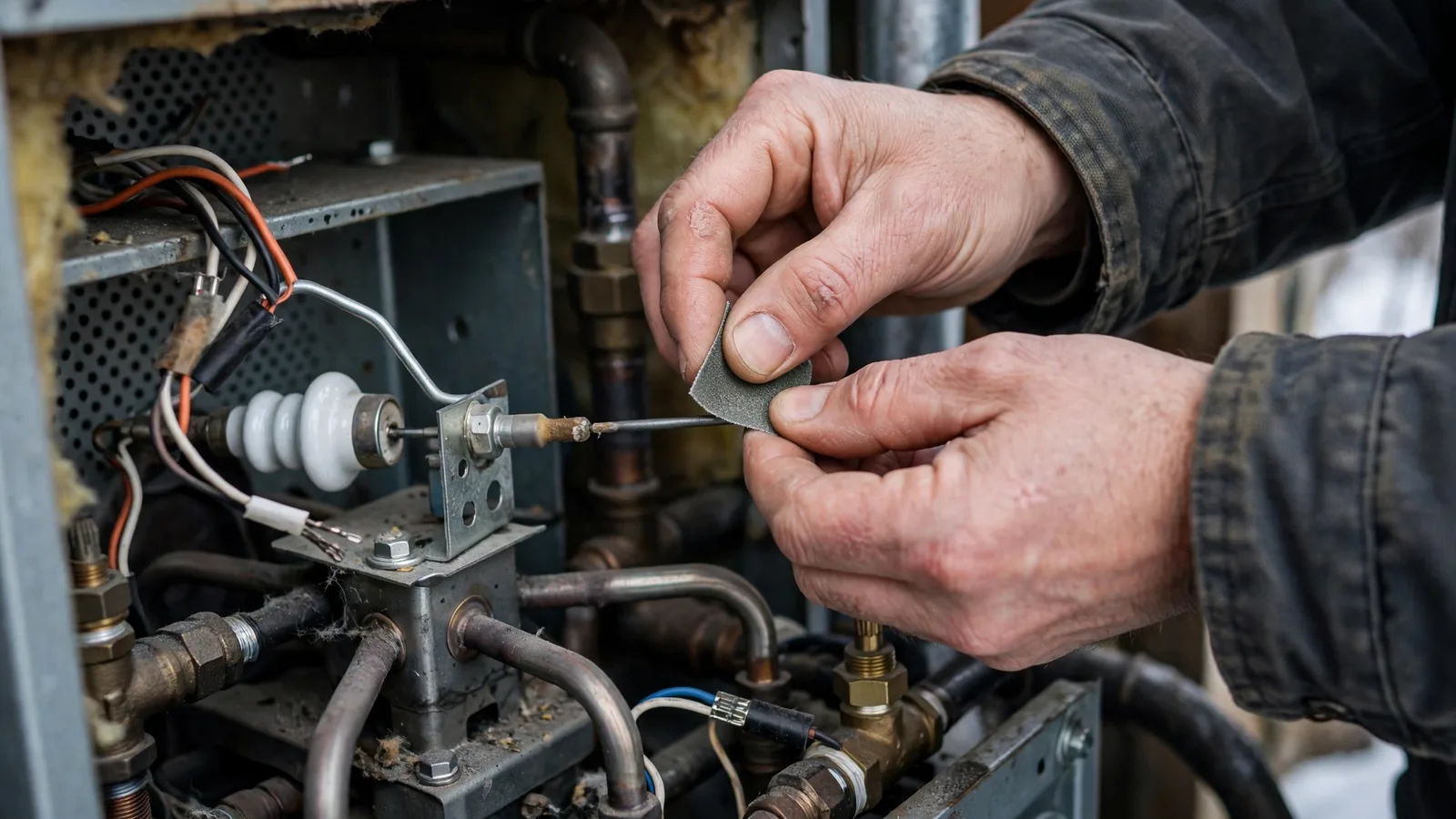 Hands cleaning a furnace flame sensor beside the igniter